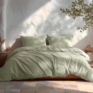 Housse de couette uni 100% coton vert 220x220 cm   2 taie