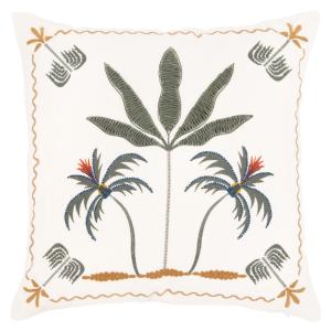 Housse de coussin en coton brodé motif exotique écru imprim…