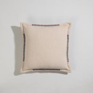 Housse de coussin en coton écru et broderies bleues 40x40