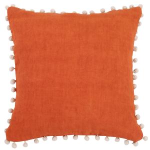 Housse de coussin en coton et lin à pompons orange 40x40