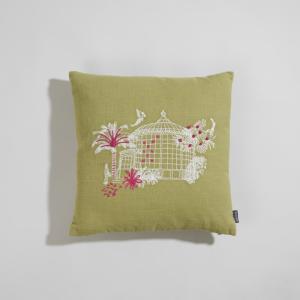 Housse de coussin en coton vert motif brodé blanc et rose 4…
