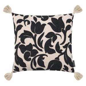 Housse de coussin jacquard velours noir écru avec pompons 5…