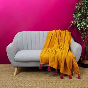 Jeté de canapé surpiqué pompons jaune 130x150cm