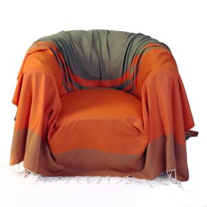 Jeté de fauteuil coton rayures orange vert amande 200 x 200