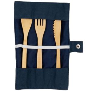 Kit couverts en bambou et pochette en coton bleu