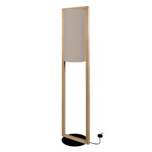 Lampadaire bois foncé métal noir abat-jour tissu taupe