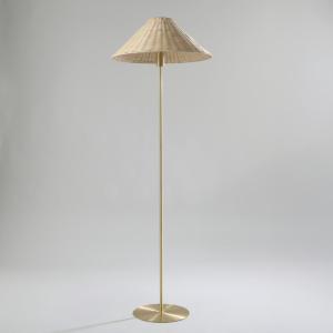 Lampadaire en acier doré et abat-jour conique en rotin H156