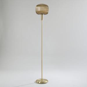 Lampadaire en acier doré et abat-jour en verre strié ambré…