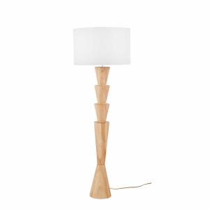 Lampadaire en bois d'hévéa cranté et abat-jour en lin blanc…