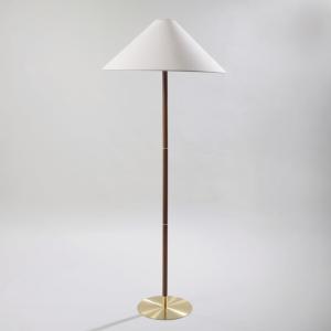 Lampadaire en bois d'hévéa et acier doré et abat-jour coniq…