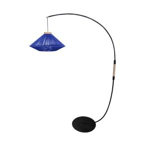 Lampadaire métal noir bois naturel abat-jour fibre bleu