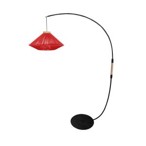 Lampadaire métal noir bois naturel  abat-jour fibre rouge