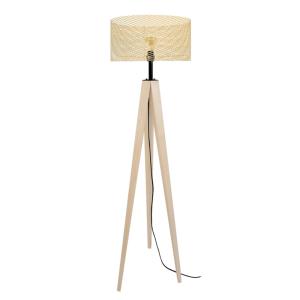 Lampadaire  trepied  bois naturel abat-jour métal jaune