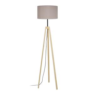 Lampadaire trepied bois naturel abat-jour tissu taupe