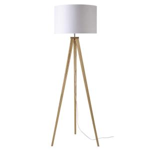 Lampadaire trépied en frêne avec abat-jour en coton blanc H…