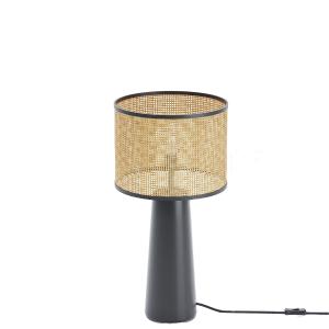 Lampe à poser en céramique noire et rotin