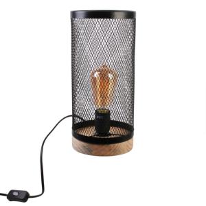 Lampe cylindrique métal grillagé socle en bois noir