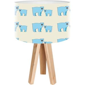 Lampe de chevet enfant trépied bois abat jour bleu et beige