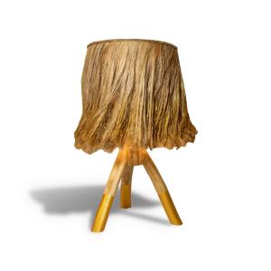 Lampe de table en bois et feuilles d'abaca naturel et doré…