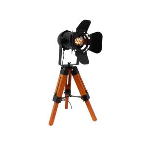 Lampe de table trépied style cinéma en bois et métal noir H…