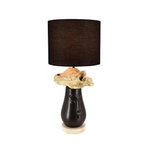 Lampe de table visage en céramique et acacia noir h46cm