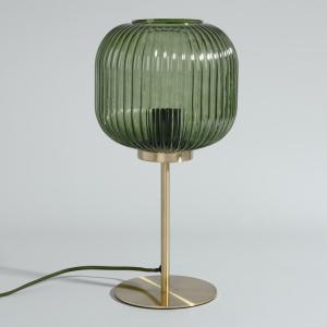 Lampe en acier doré et abat-jour en verre strié vert