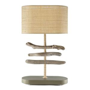 Lampe en bois flotté vert olive et abat-jour en fibres tres…