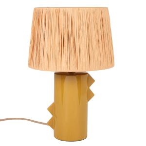 Lampe en céramique jaune moutarde et abat-jour en raphia