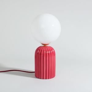 Lampe en céramique striée rose et globe opaque blanc