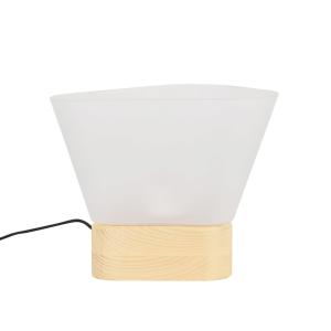 Lampe en verre transparent et socle en bois de pin