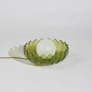 Lampe fleur en verre vert et globe opaque