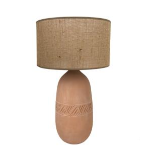 Lampe inca en terre cuite avec abat-jour jute naturel H. 47…