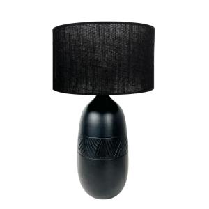 Lampe inca en terre cuite avec abat-jour jute noir H. 47cm