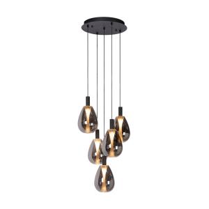 Lampe suspendue en métal et verre fumé, noir, 5 abat-jours,…