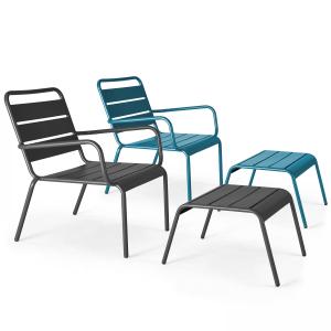 Lot 2 fauteuils relax avec repose-pieds métal gris et bleu…