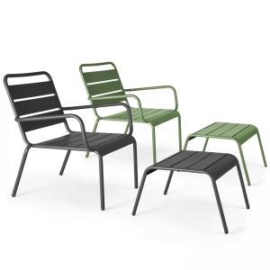 Lot 2 fauteuils relax avec repose-pieds métal gris et vert…