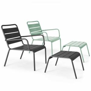 Lot 2 fauteuils relax avec repose-pieds métal gris et vert…