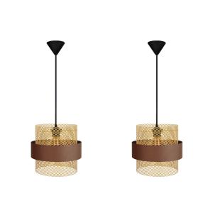 Lot 2 Suspension métal noir abat-jour marron et crème