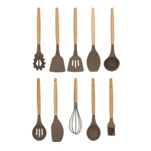 Lot de 10 ustensiles en silicone et manche en bois