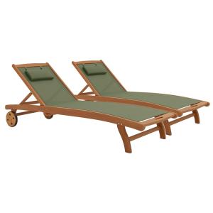 Lot de 2 bains de soleil en bois inclinable avec roues vert…