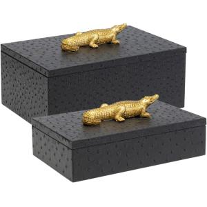 Lot de 2 boîtes en simili noir crocodiles dorés