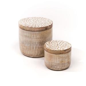Lot de 2 boîtes rondes motif devant bois  15x15 cm Beige
