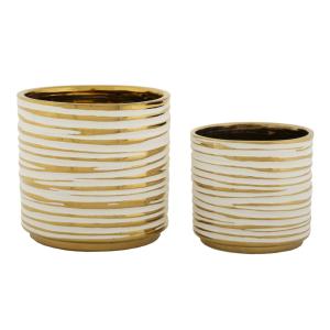 Lot de 2 Cache-pot en céramique blanc et or Ø 23x22-18x17,5…