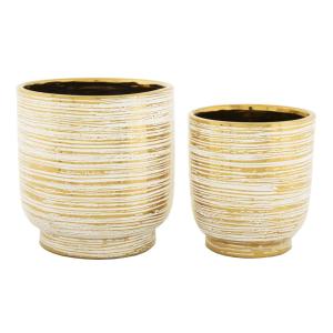 Lot de 2 Cache-pot en céramique blanc et or Ø 23x24-17,5x19…