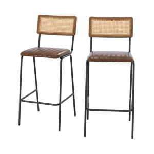 Lot de 2 chaises de bar 76 cm en cannage et cuir marron