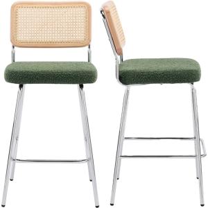 Lot de 2 chaises de bar chromées en cannage et tissu bouclé…