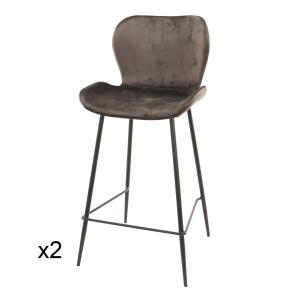 Lot de 2 chaises de bar en velours gris avec pied métal noi…