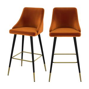 Lot de 2 chaises de bar en velours orange 77.5 cm