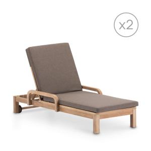 Lot de 2 chaises longues en bois avec coussins et roulettes…
