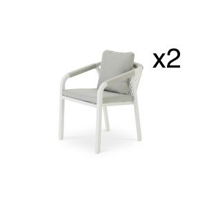 Lot de 2 fauteuils alu blanc et corde avec coussin beige